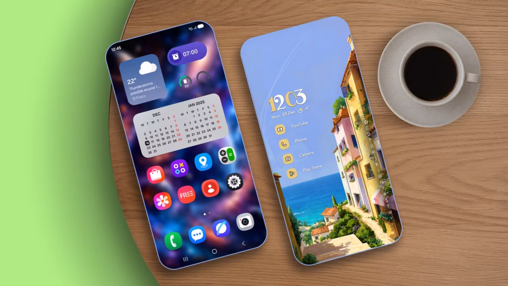 Two Android Phones Side By Side Showing A Busy Samsung Home Screen And A Clean Custom Launcher Layou Avif