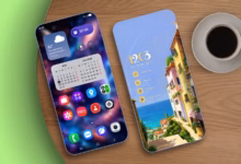 Two Android Phones Side By Side Showing A Busy Samsung Home Screen And A Clean Custom Launcher Layou Avif