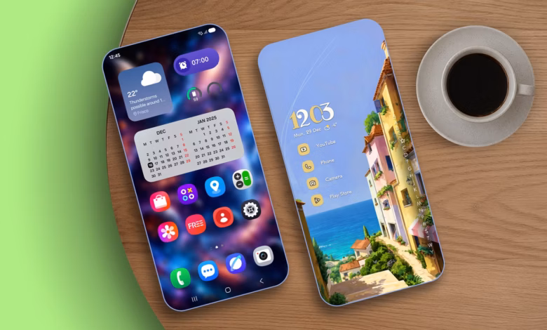 Two Android Phones Side By Side Showing A Busy Samsung Home Screen And A Clean Custom Launcher Layou Avif