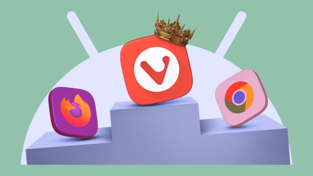 Vivaldi Browser App Icon Wearing A Crown Displayed Above Firefox And Chrome Icons On An Android Them Avif