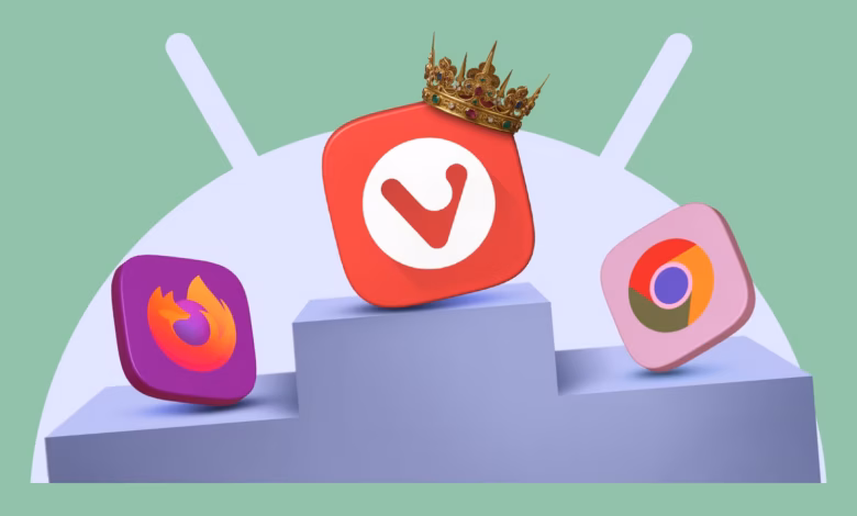 Vivaldi Browser App Icon Wearing A Crown Displayed Above Firefox And Chrome Icons On An Android Them Avif