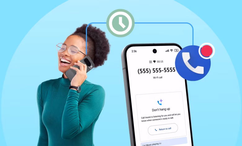 Woman Smiling While Talking On The Phone Next To A Pixel Phone Showing The Hold For Me Call Assistan Avif