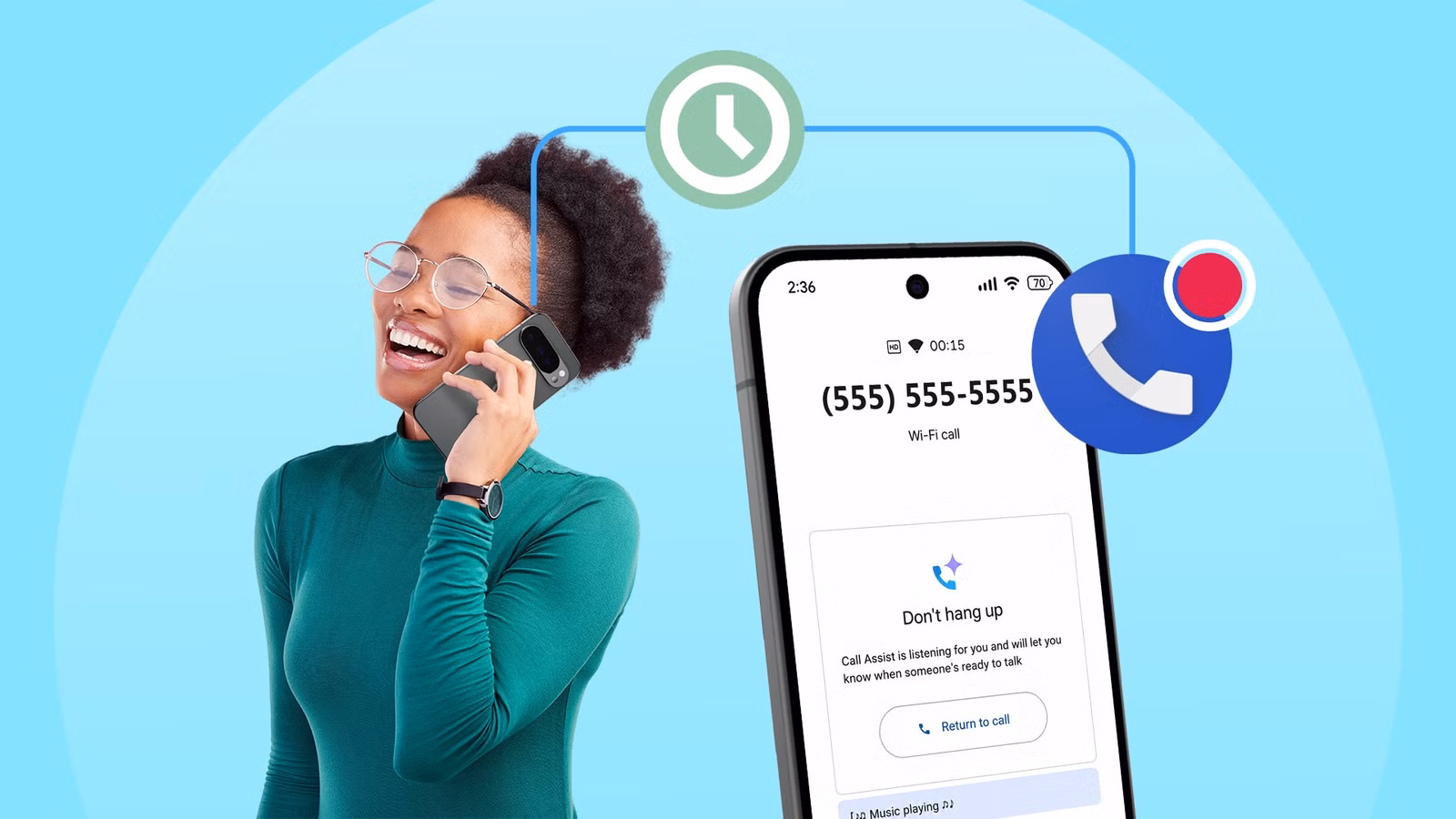 woman smiling while talking on the phone next to a pixel phone showing the hold for me call assistan avif