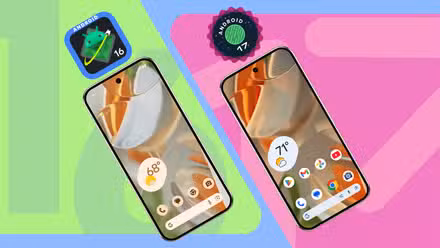 Two Pixel phones comparing Android 16 and Android 17 on a colorful background.