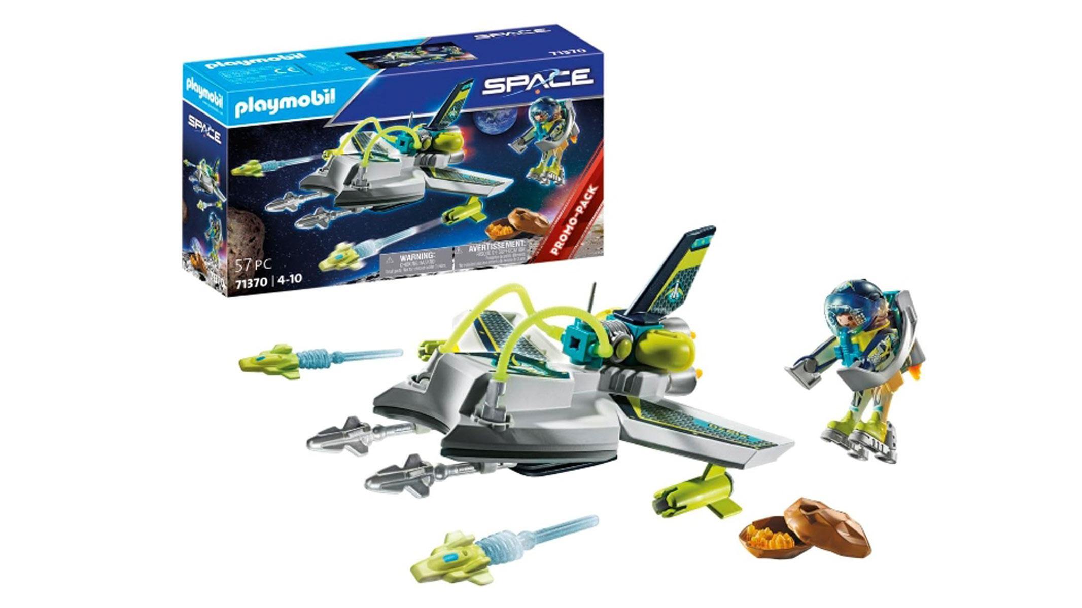 The product of a Playmobil space set placed in front of a white background.