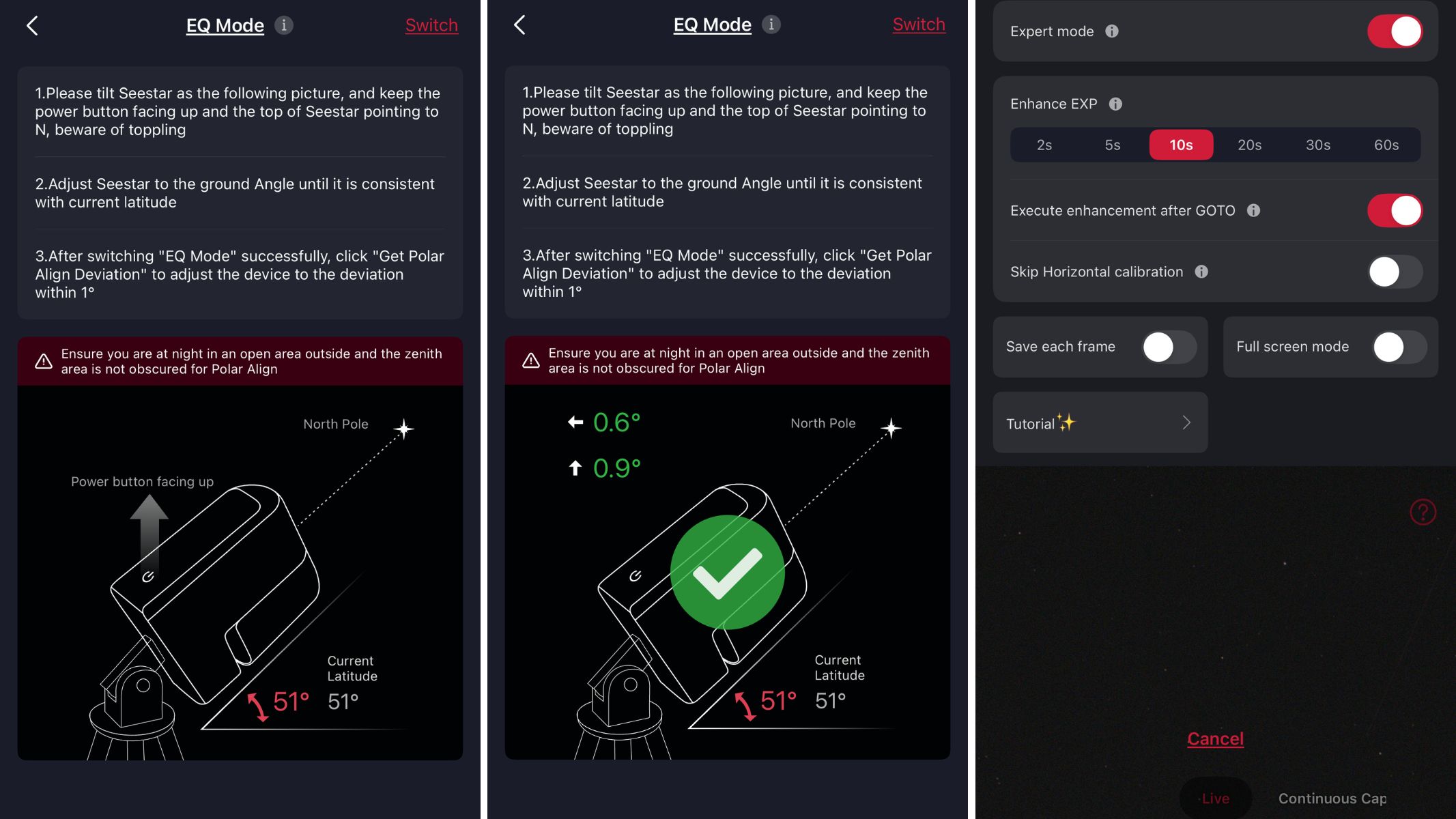 Screeshots from the Seestar app showing how to set up EQ mode on the ZWO Seestar S30 Pro.