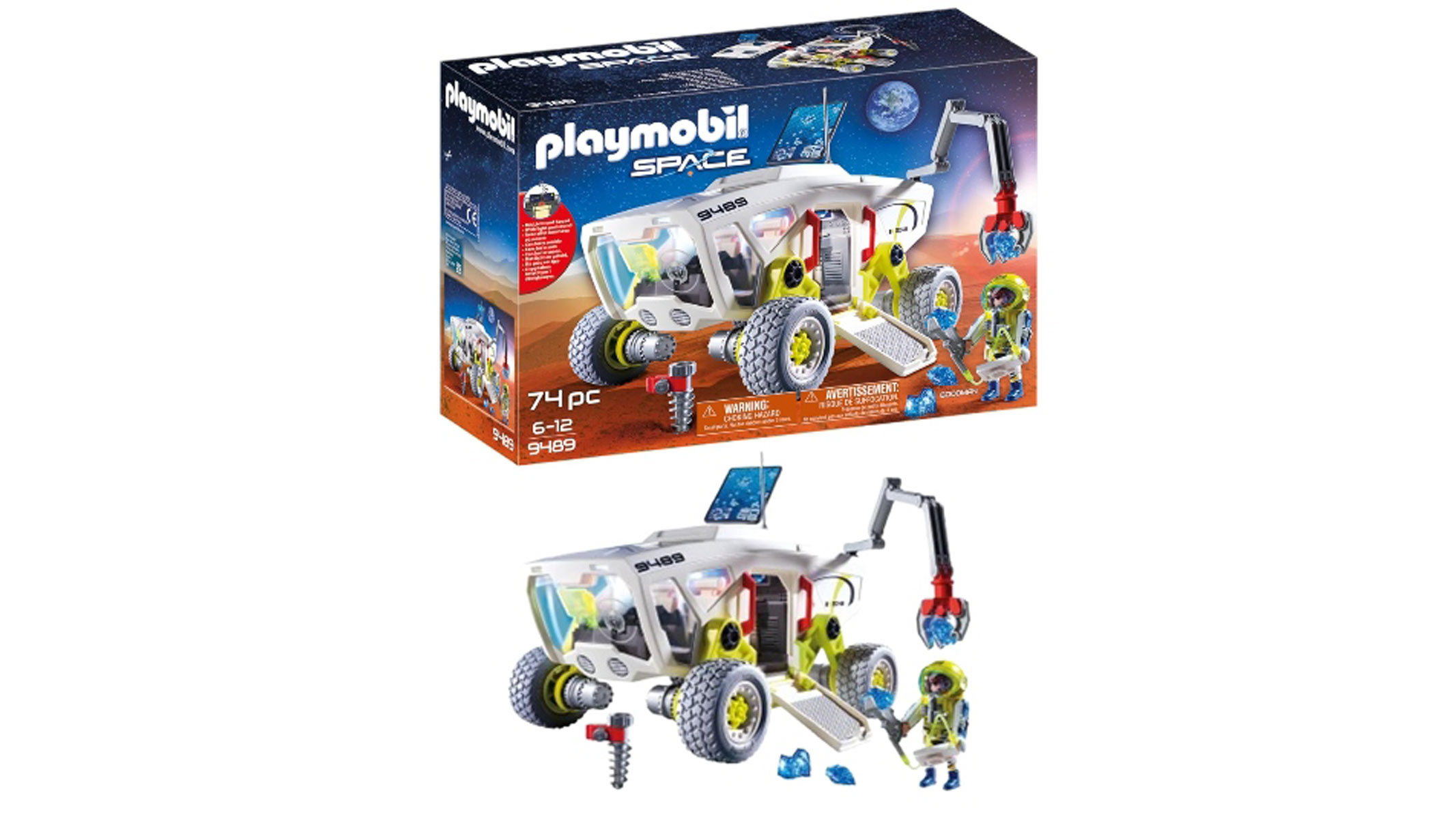 The product of a Playmobil space set placed in front of a white background.
