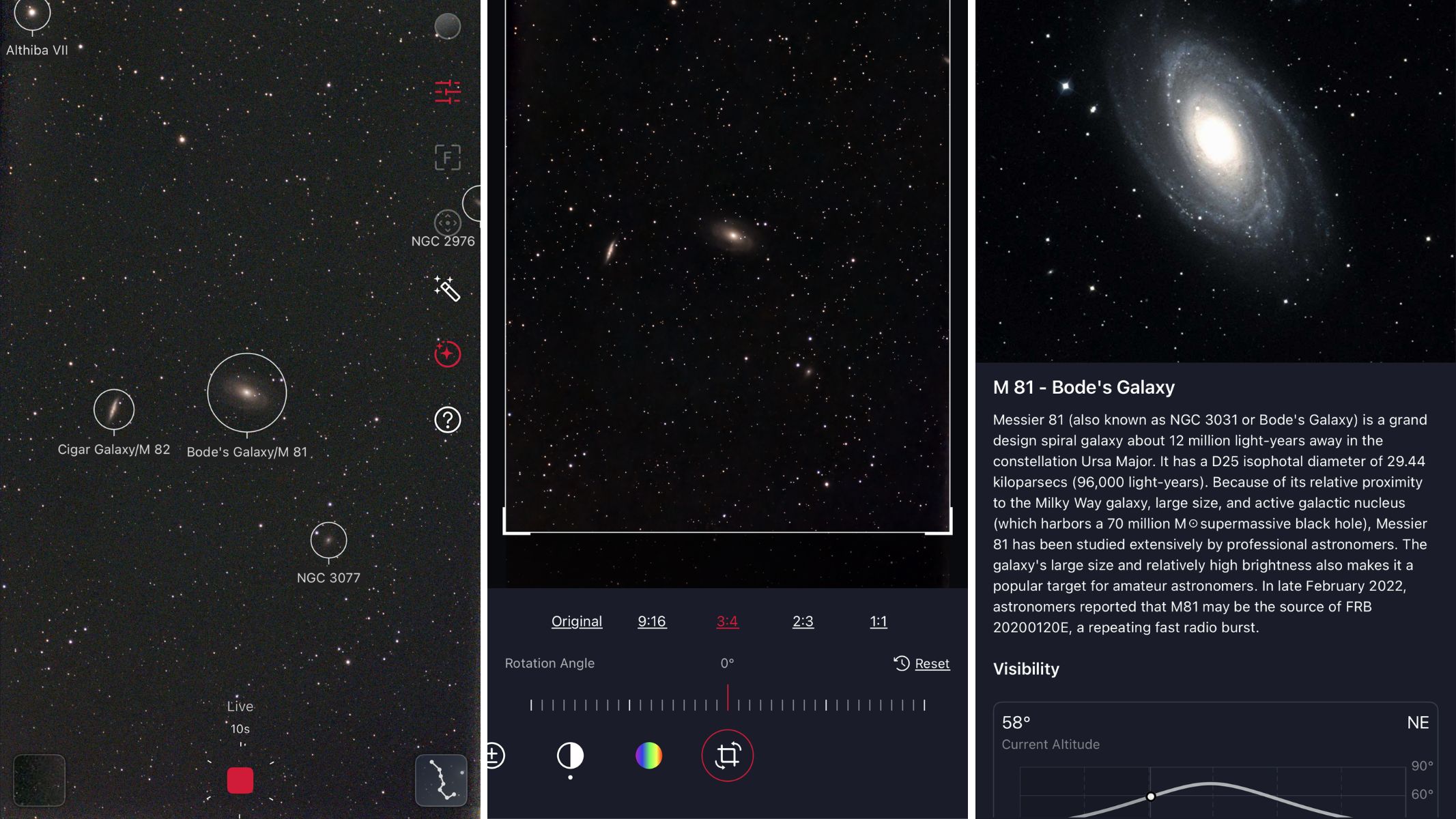 Screenshots from the Seestar app showing object identification, editing capability and astronomical information.