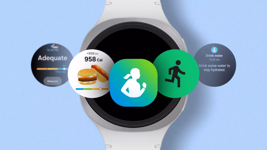 A Galaxy Watch Surrounded By Samsung Health Feature Icons For Food Running Hydration And Health Metr Avif