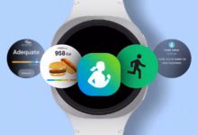 A Galaxy Watch Surrounded By Samsung Health Feature Icons For Food Running Hydration And Health Metr Avif