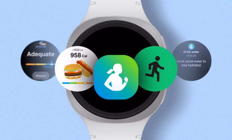 A Galaxy Watch Surrounded By Samsung Health Feature Icons For Food Running Hydration And Health Metr Avif