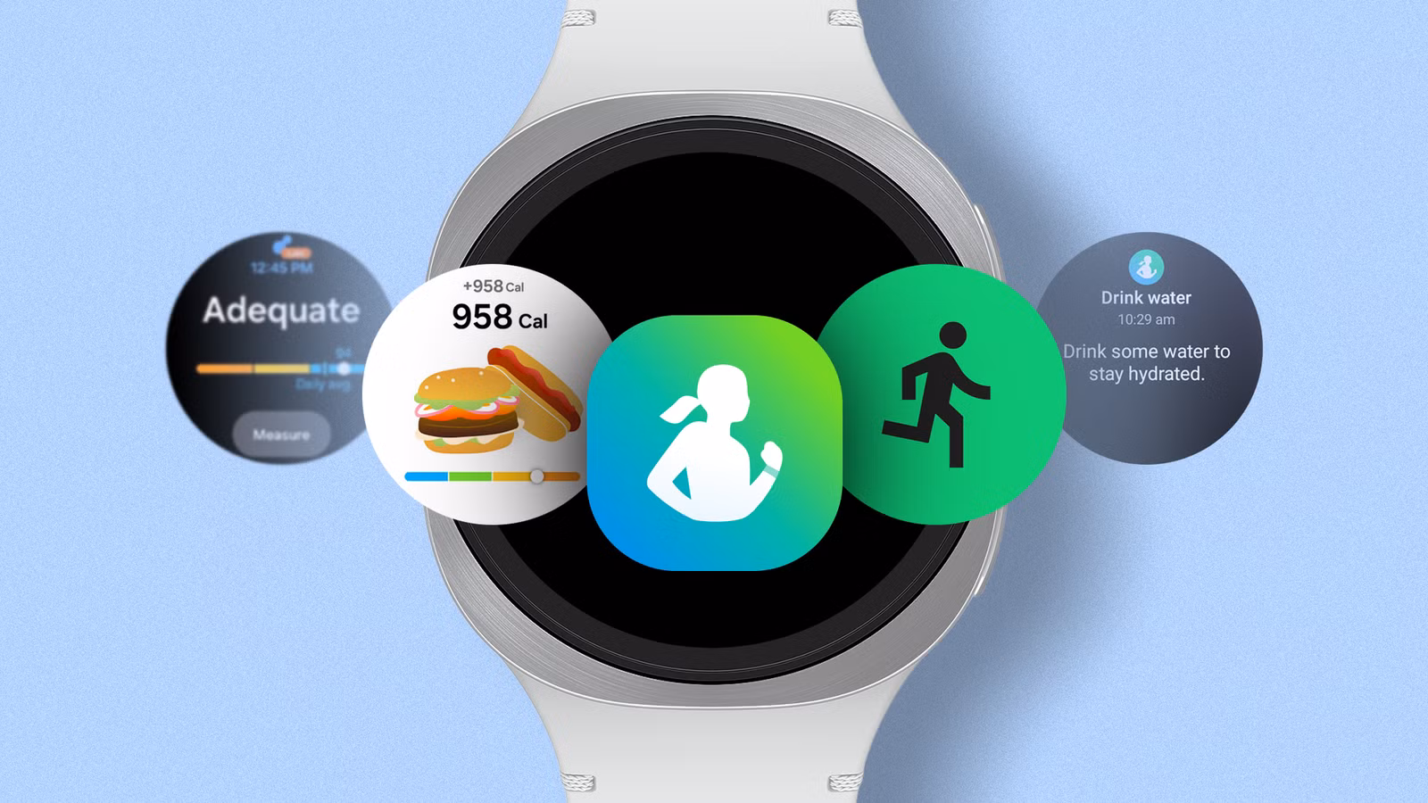 a galaxy watch surrounded by samsung health feature icons for food running hydration and health metr avif