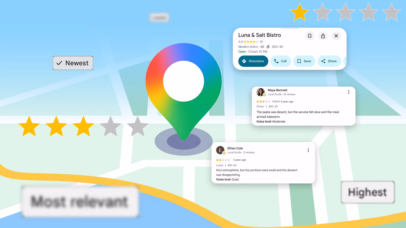 a google maps pin surrounded by restaurant reviews and star ratings png