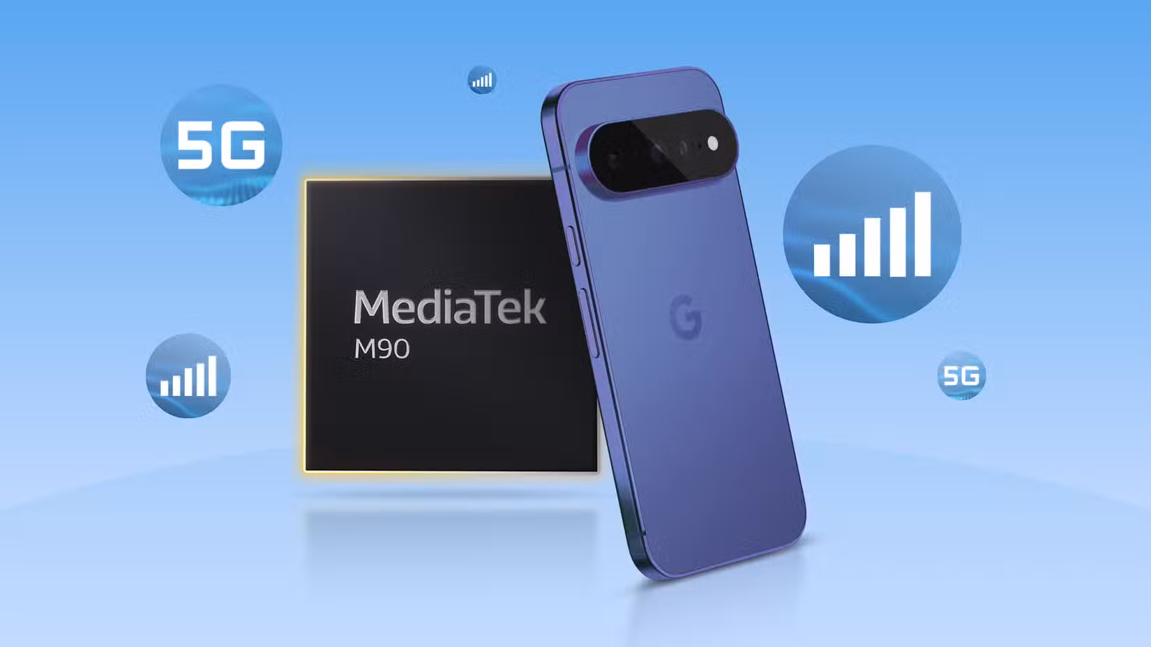 هاتف Google Pixel 11 بجوار شريحة MediaTek M90 وأيقونات إشارة 5G.
