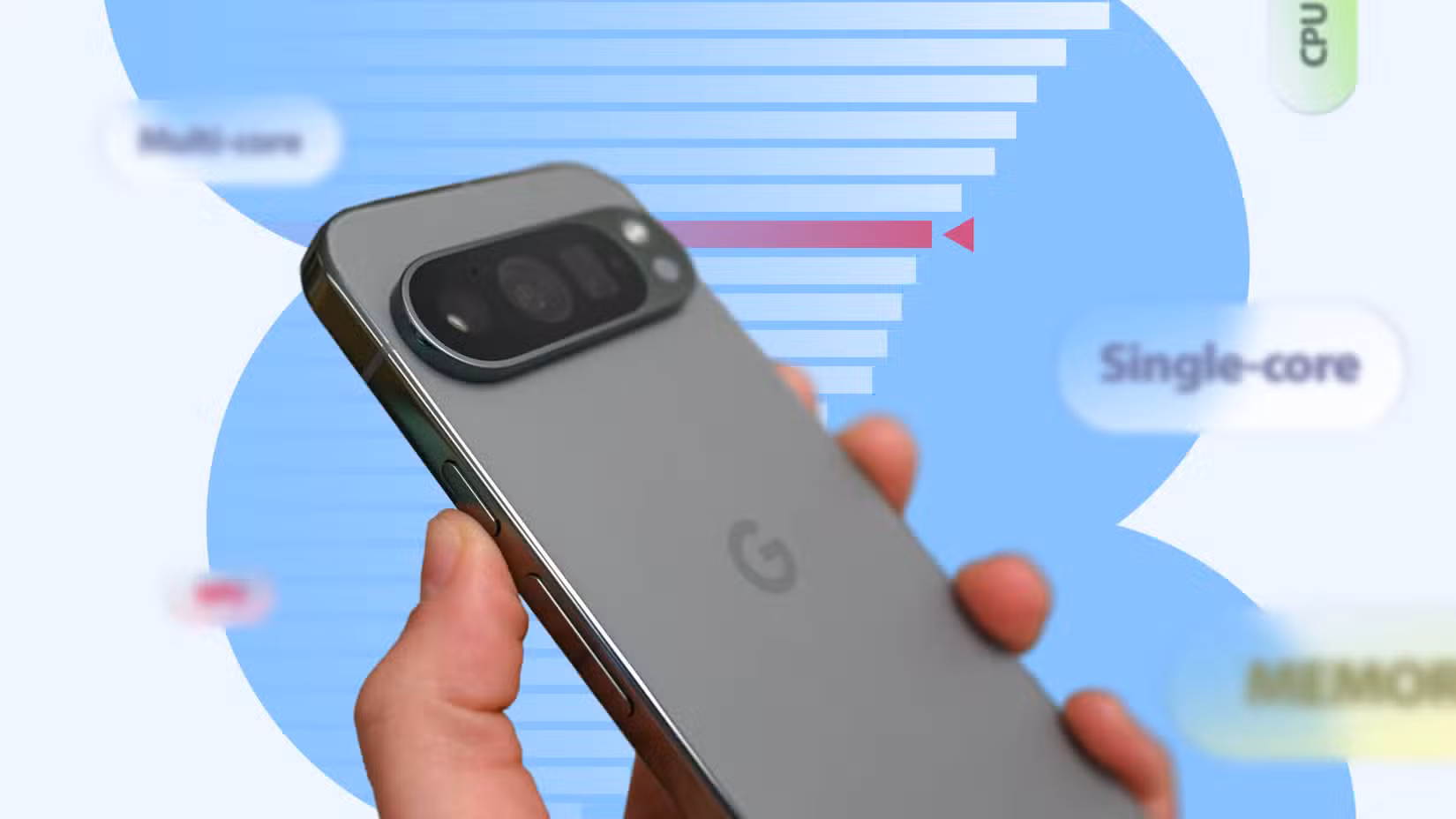 يد تحمل هاتف Google Pixel أمام مخطط أداء غير واضح.