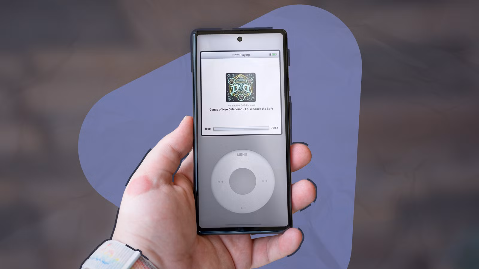 a hand holding a phone with a retro ipod style music player on the screen png