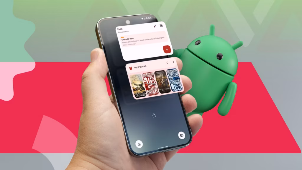 A Hand Holding A Pixel 10 Displaying Lock Screen Widgets With A 3D Android Mascot Peering From Behin Avif