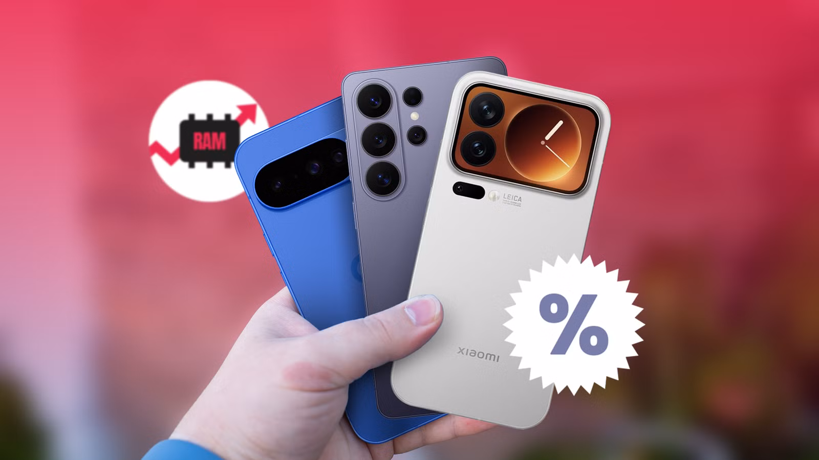 a hand holding three smartphones with a ram price increase symbol and discount icons png