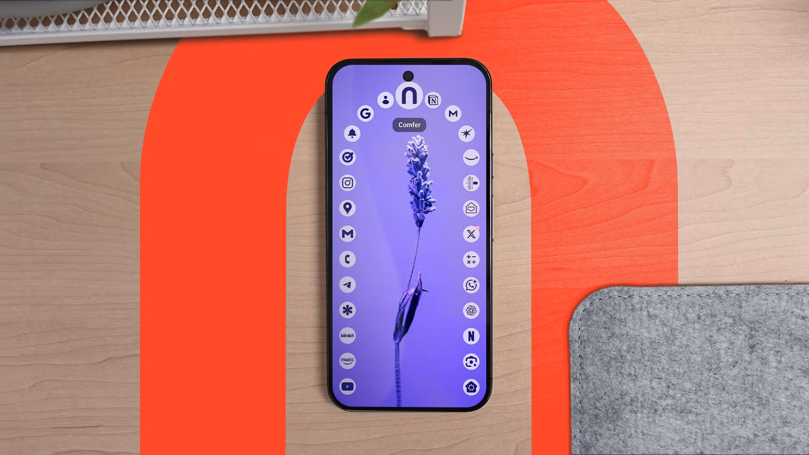 a pixel phone running comfer launcher on a desk png