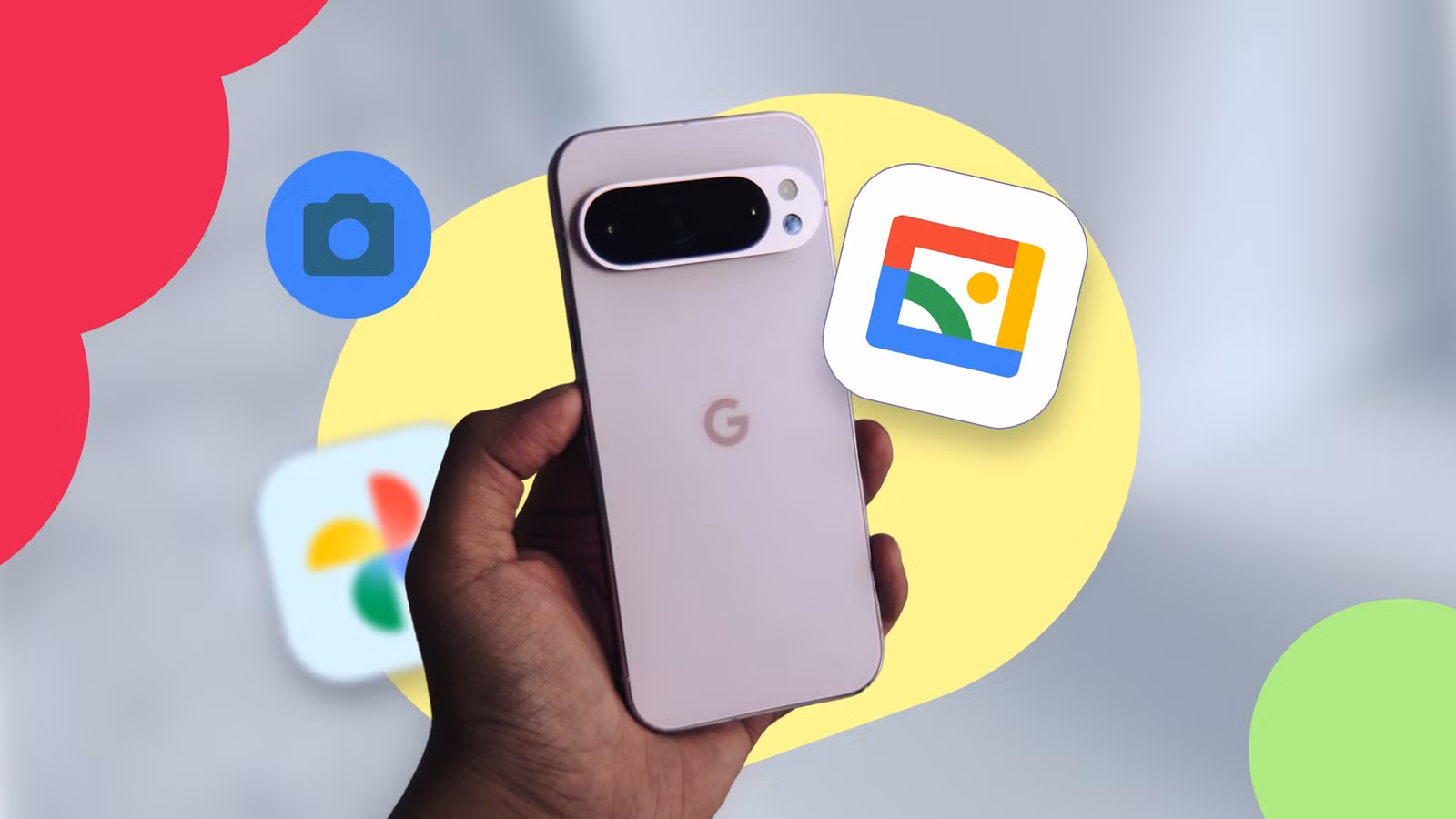 a pixel phone with google photos and gallery app icons around it jpg