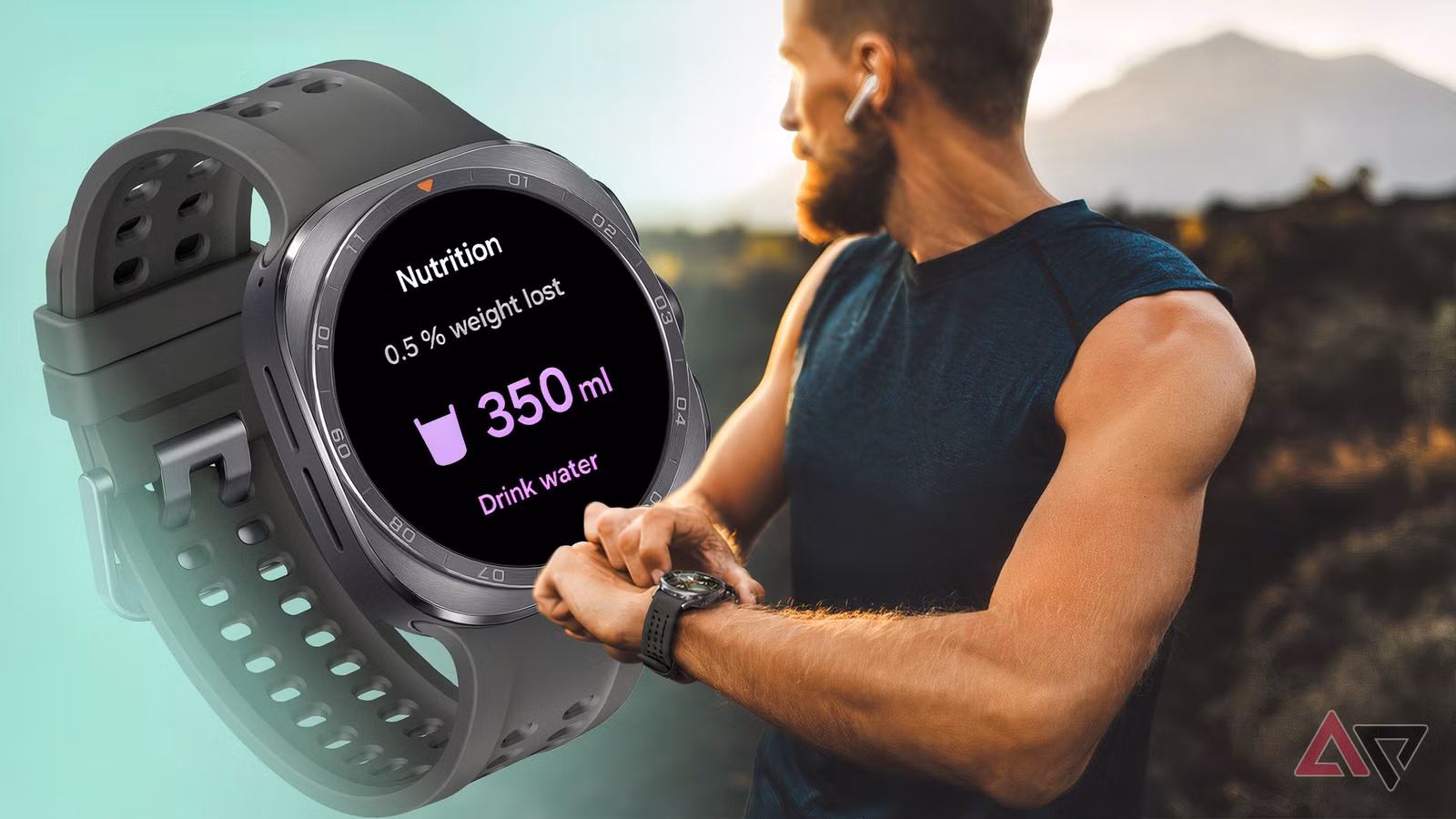 a runner checks a galaxy watch ultra 2 showing a hydration alert png
