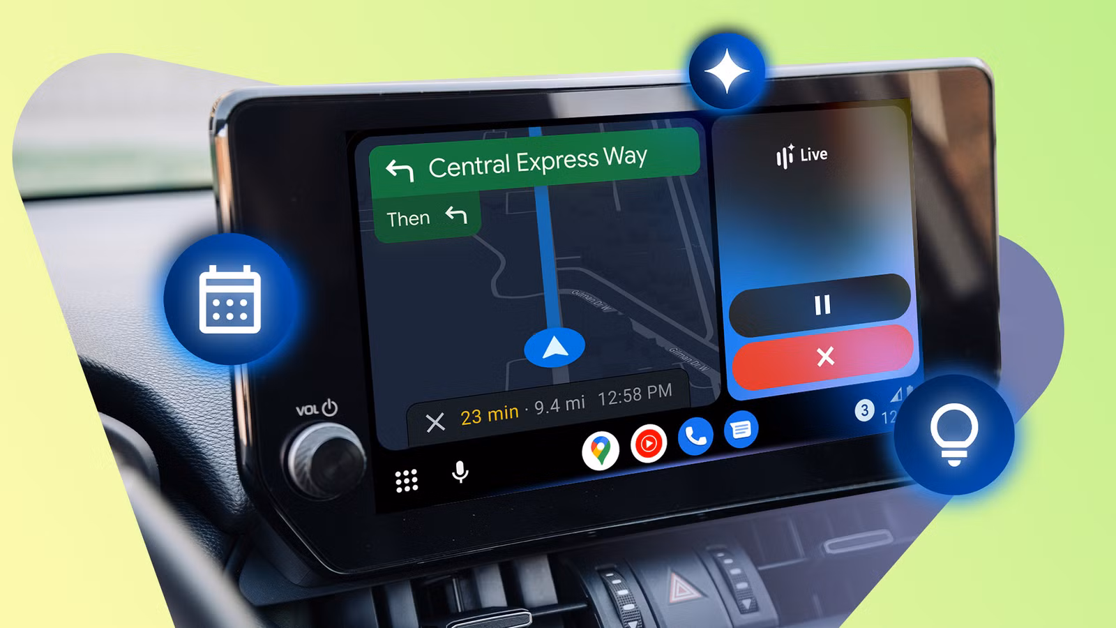 android auto display with gemini calendar and idea icons jpg
