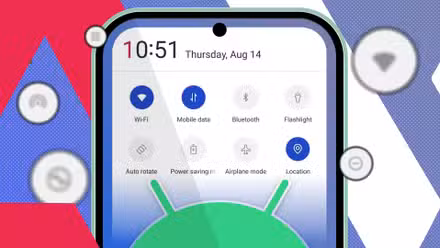 Close-up of a smartphone screen displaying Android’s Quick Settings panel, with the Android logo visible at the bottom