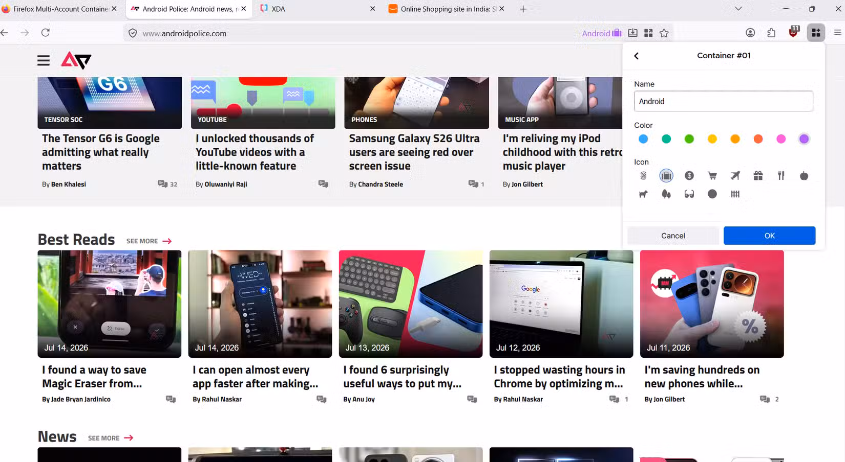 لقطة شاشة توضح كيفية تخصيص حاوية في Firefox