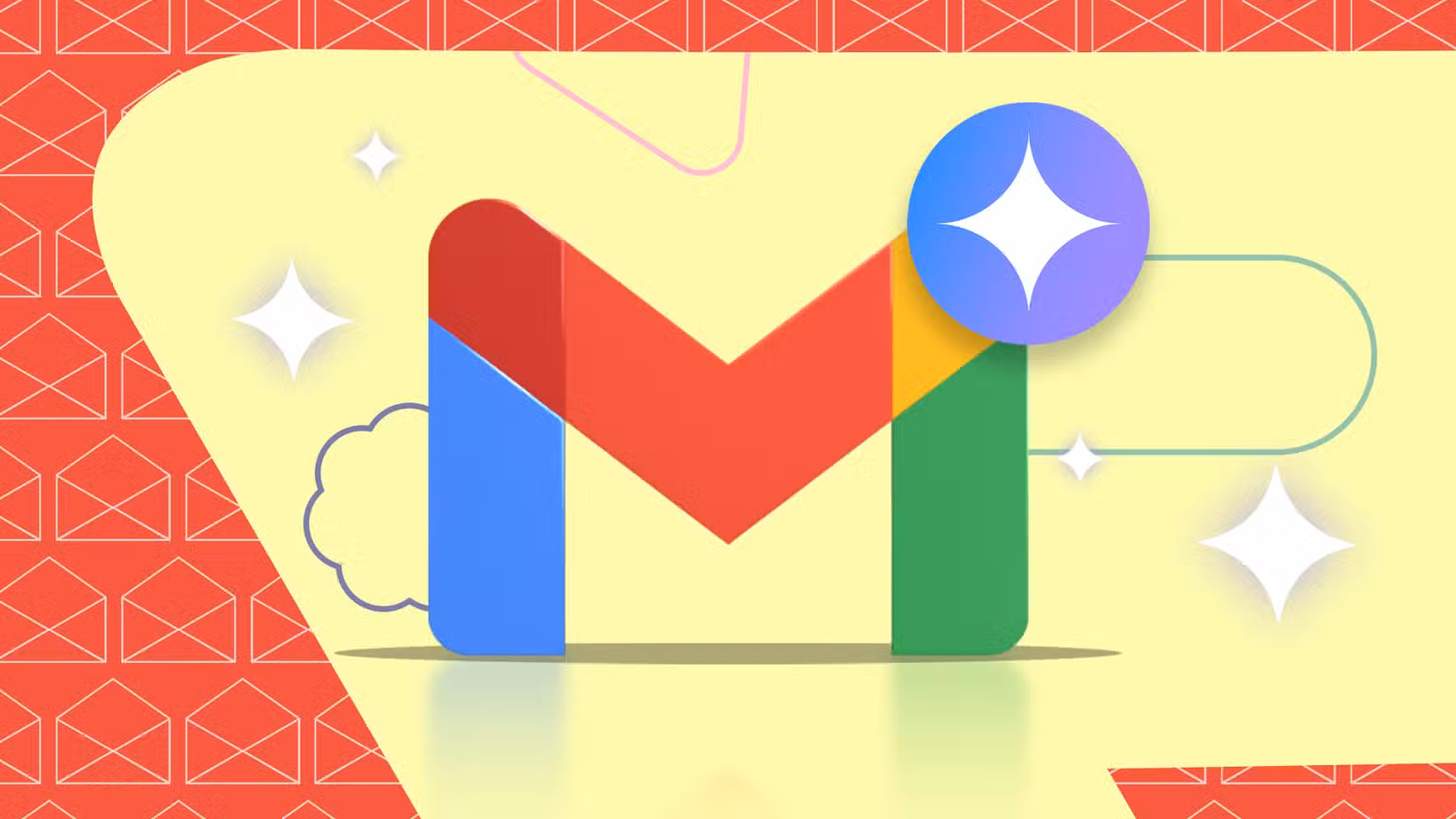 شعار Gmail مع أيقونة نجمة Gemini AI على خلفية هندسية منمقة باللونين الأحمر والأصفر.