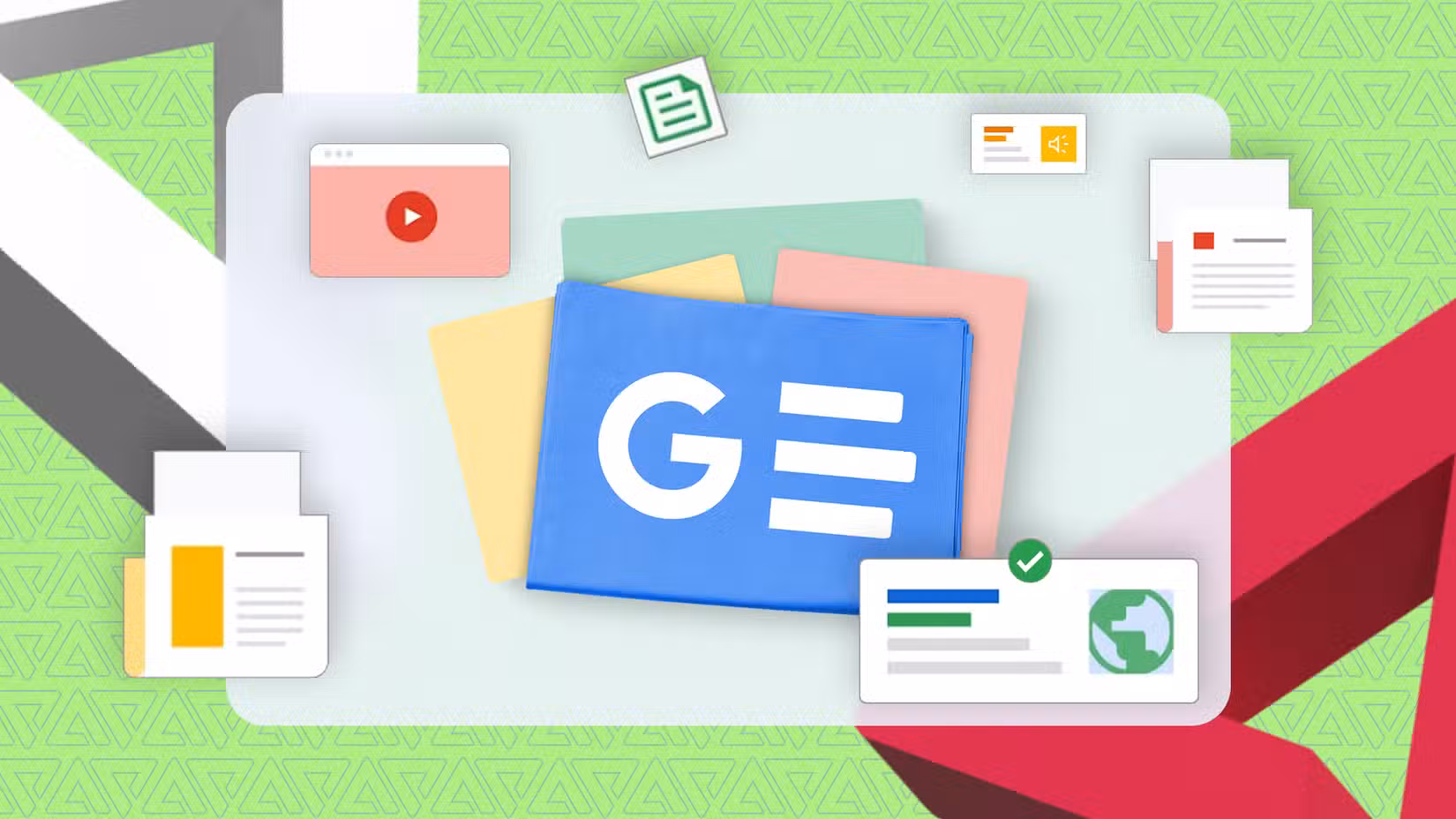 شعار أخبار Google محاط ببطاقات الأخبار والوسائط المتنوعة