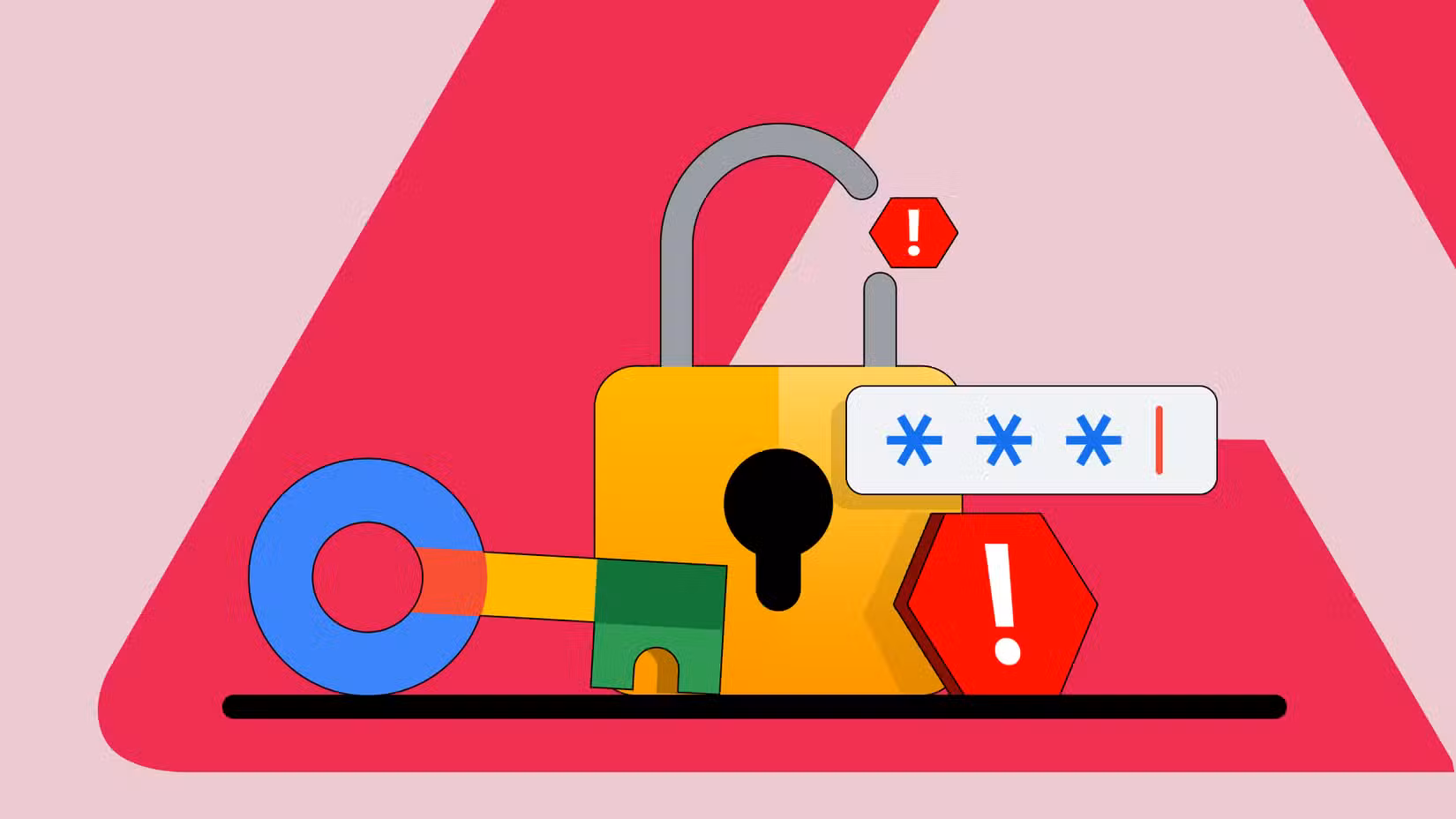 شعار Google Password Manager بجوار قفل مفتوح محاط بأيقونات تحذير حمراء.