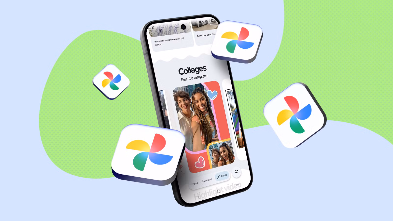 google photos collage tool shown on a smartphone with floating google photos icons png