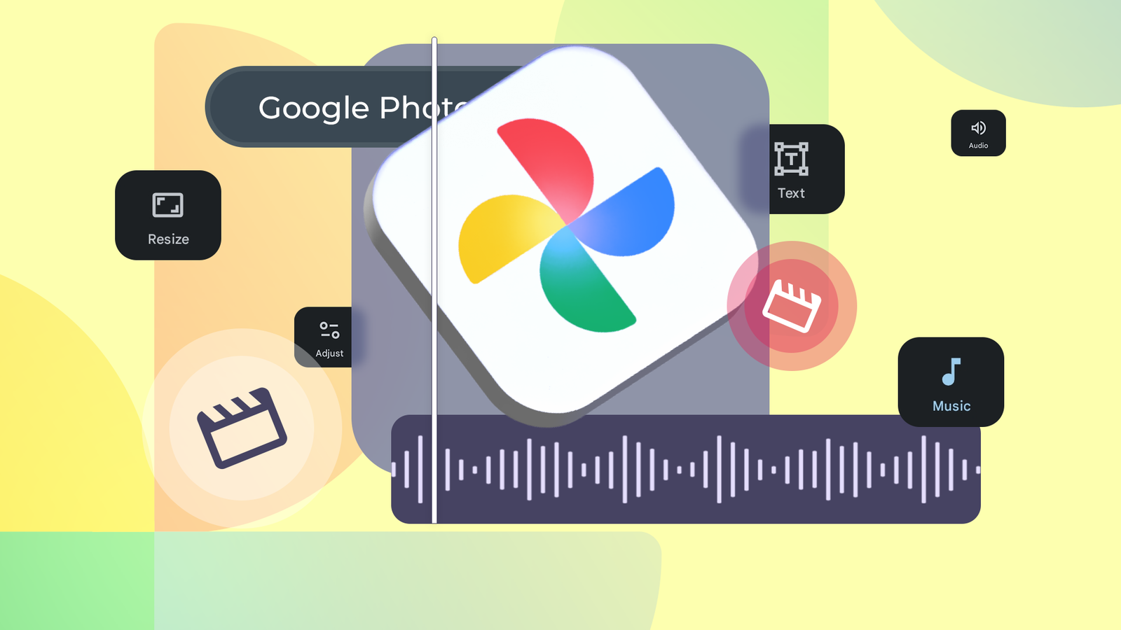 google photos logo over a video editing timeline with music and editing tools png