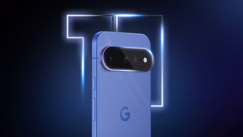 Google Pixel 11 Seen From The Back With A Glowing Light Around The Camera Bar On A Dark Blue Backgro Avif