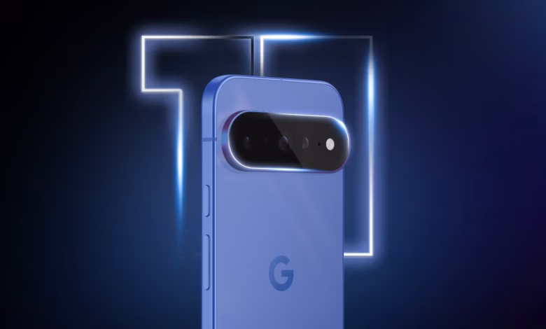 Google Pixel 11 Seen From The Back With A Glowing Light Around The Camera Bar On A Dark Blue Backgro Avif