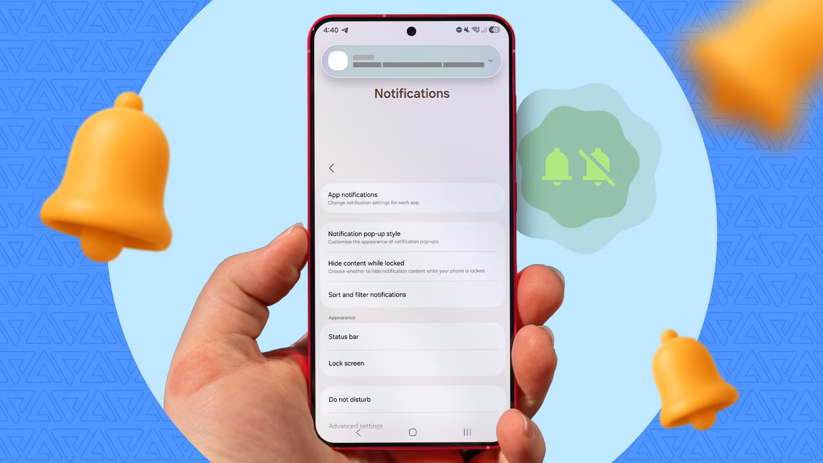 hand holding a galaxy phone displaying notification settings with bell icons around it jpg