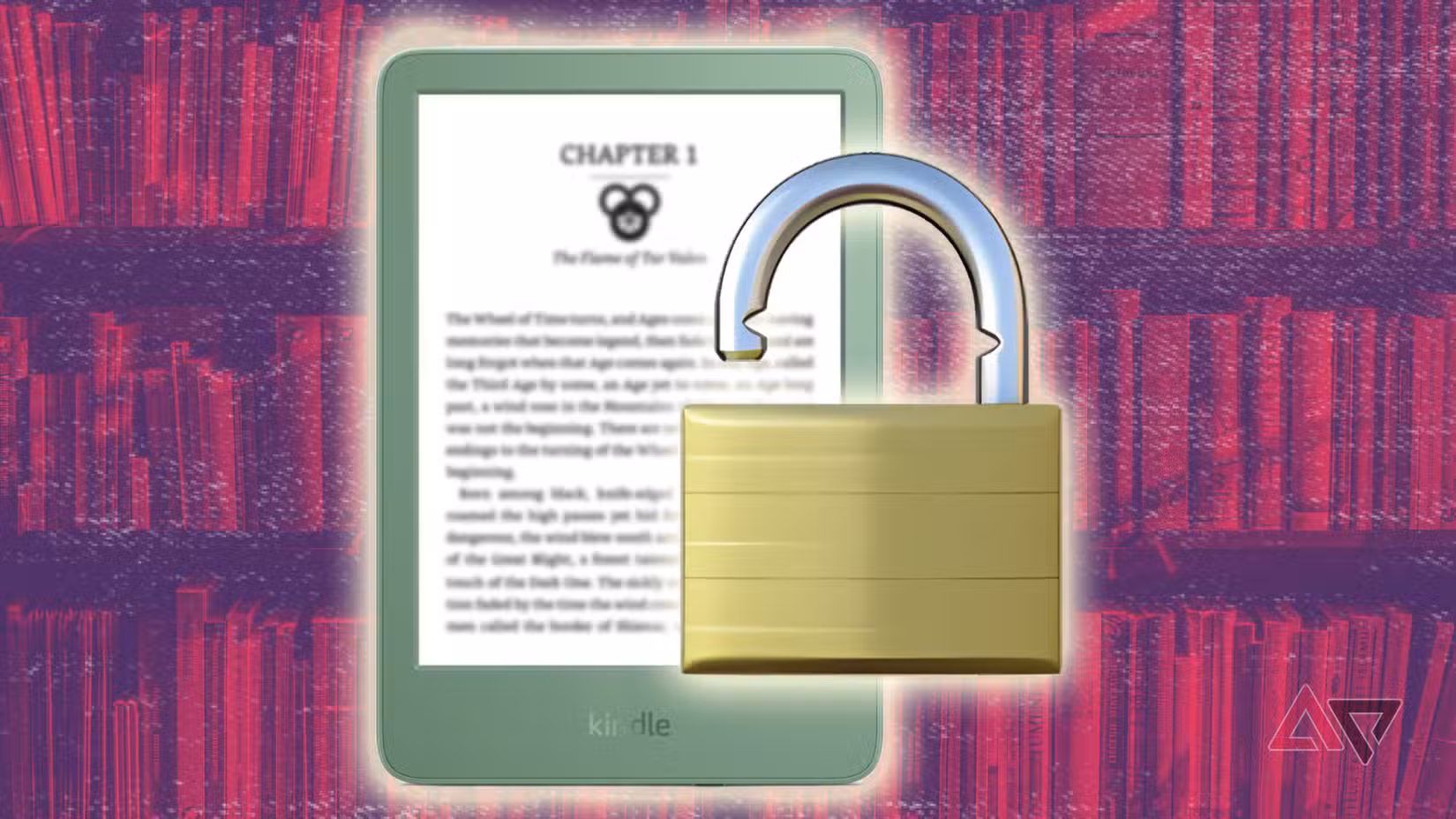 تم فتح القفل فوق جهاز Kindle 2024 فوق خلفية رف الكتب