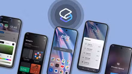Multiple smartphones displaying Smart Launcher 6 home screen and customization features