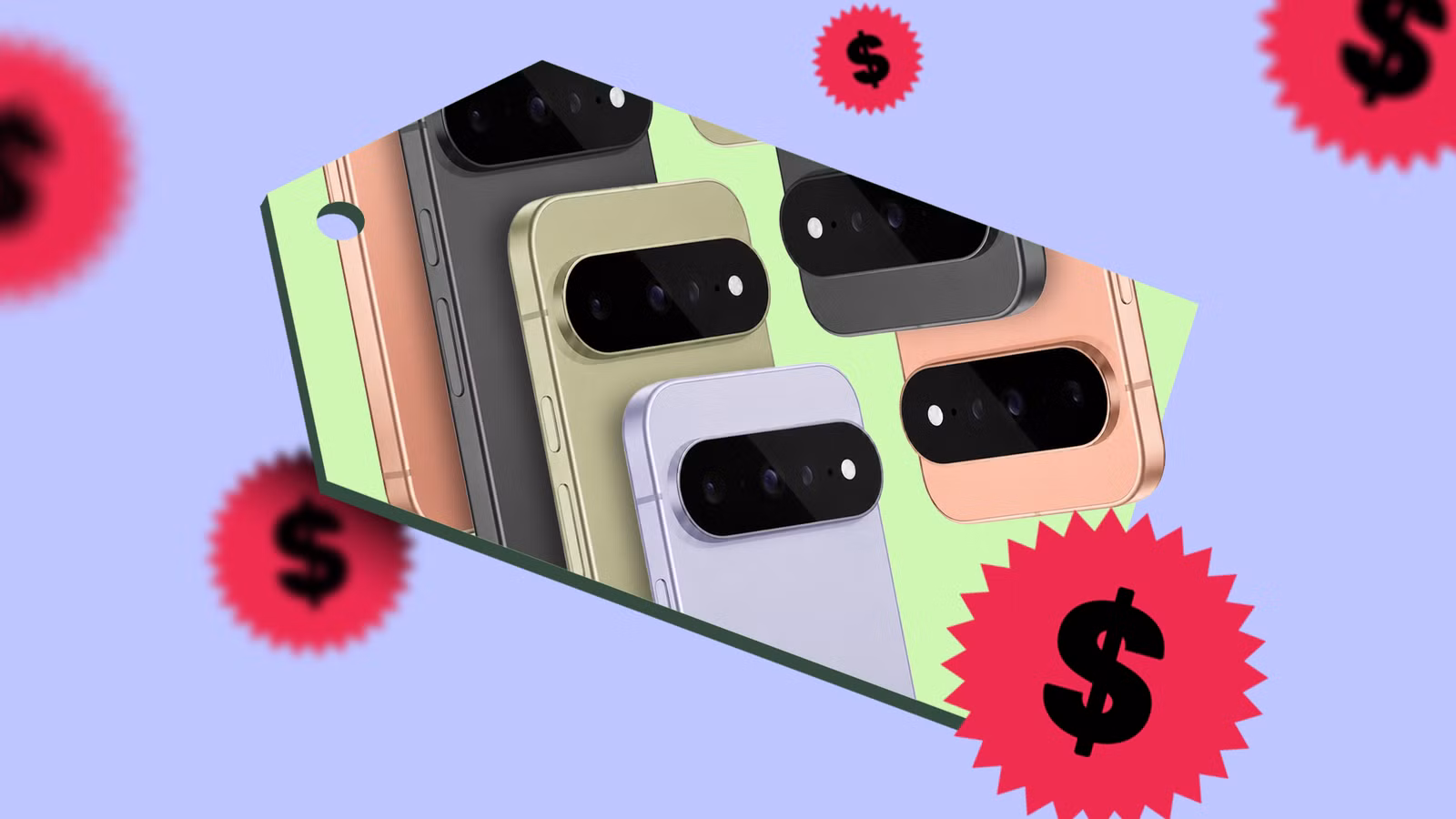 pixel phones on a price tag surrounded by dollar symbols png