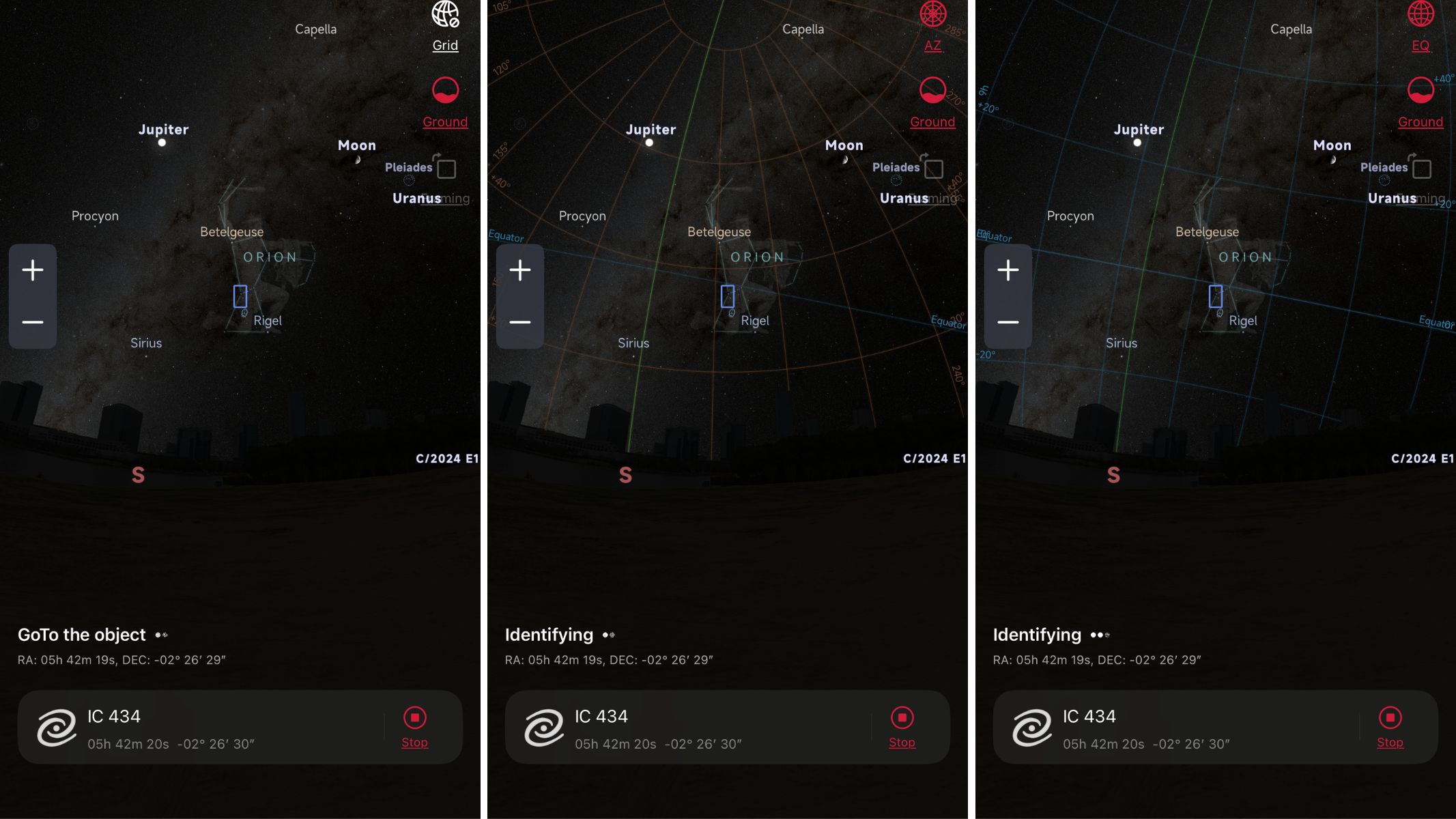Screenshots from the Seestar app's Sky Atlas, showing the location of night sky targets.