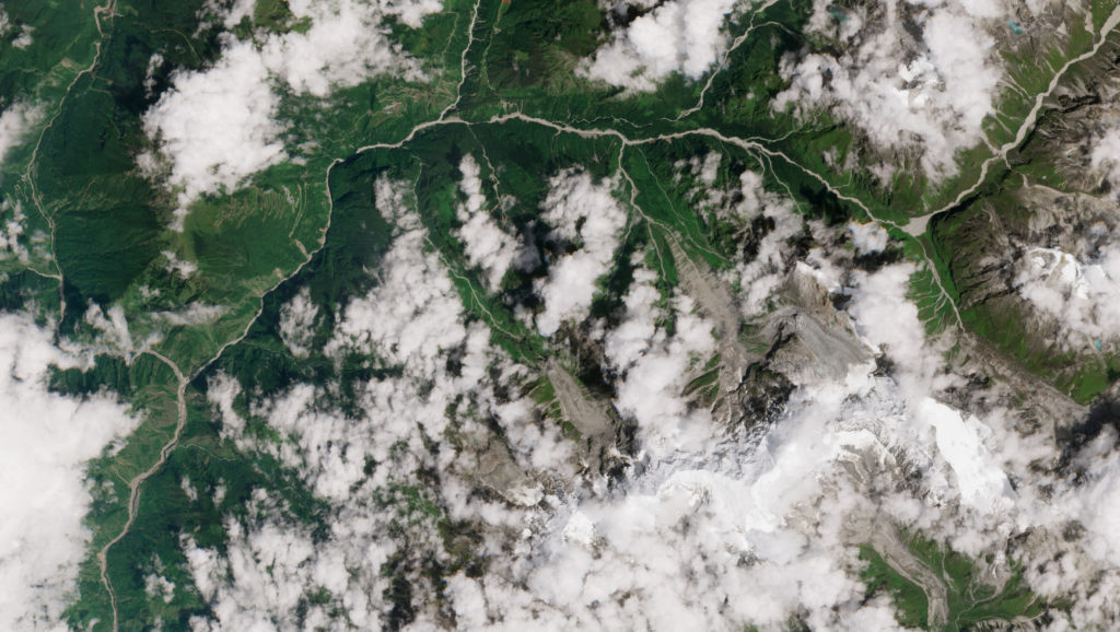 A satellite image shows the site of glacial collapse, in Syapru Besi